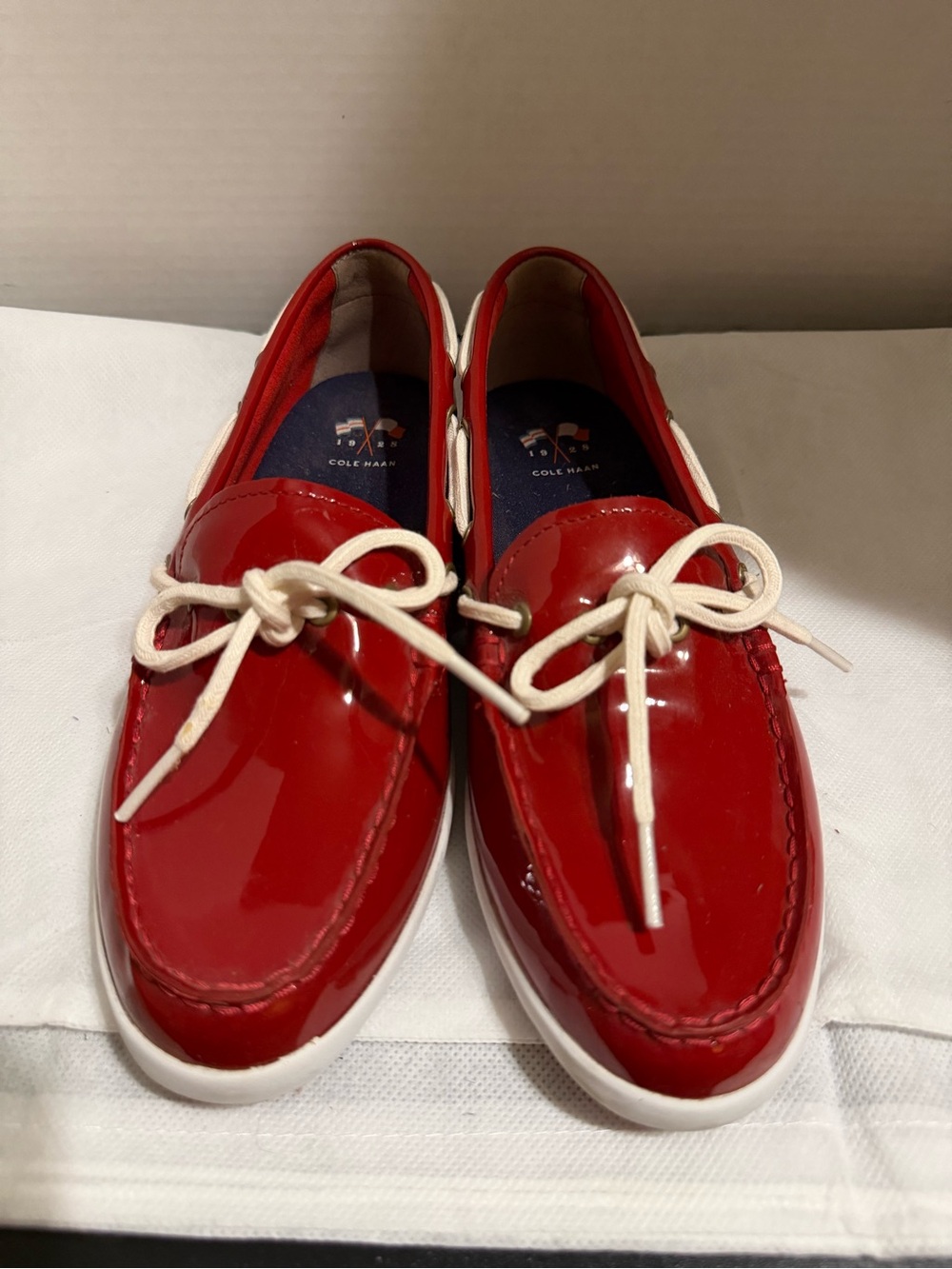 Cole Haan Red Patent Leather Moccasin Sneakers with White Laces